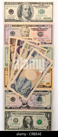 Symbolic image for exchange rates, U.S. dollar banknotes and a fan of Japanese yen banknotes Stock Photo