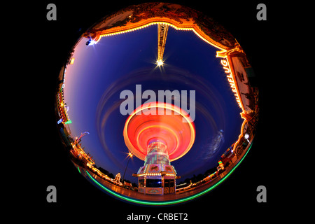 Night scene, fisheye shot, Chair-O-Planes or swing carousel, Cannstatter Volksfest, Wasen, Stuttgart Beer Festival Stock Photo