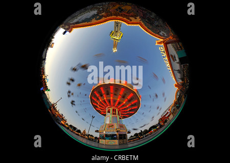 Night scene, fisheye shot, Chair-O-Planes or swing carousel, Cannstatter Volksfest, Wasen, Stuttgart Beer Festival Stock Photo