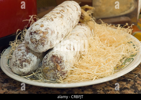 Wild boar salami, delicatessen, Norcineria Bonuccelli, Camaiore, Tuscany, Italy, Europe Stock Photo