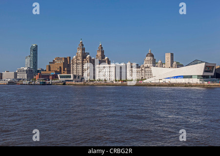 Liverpool pierhead waterfront with landing stage and Liver building. Stock Photo