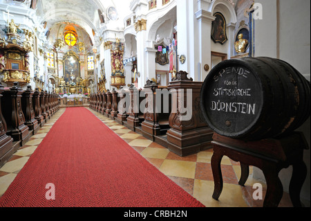 Wine barrel for donations, high altar with the high altar painting, choir, abbey church, Augustinian monastery, Duernstein Abbey Stock Photo