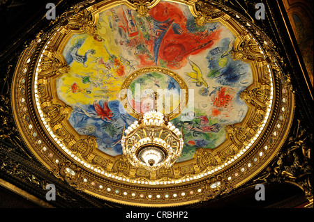 Interior, crystal chandelier and ceiling painting 'Apollo with the lyre' by Marc Chagall in the dome Stock Photo