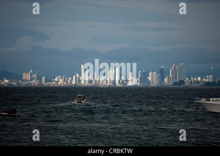Skyline of Panama City, seen from the island of Isla Taboga, Panama, Central America Stock Photo