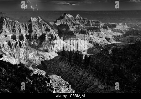 Thunderstorm, lightning, view from Bright Angel Point to Deva Temple, Brahma Temple, Zoroaster Temple, Transept Canyon Stock Photo