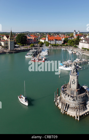 View from the lighthouse across the harbour with the Bavarian Lion, Lindau on Lake Constance, Swabia, Bavaria, Germany, Europe Stock Photo