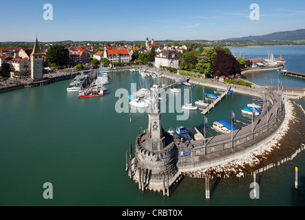 View from the lighthouse across the harbour with the Bavarian Lion, Lindau on Lake Constance, Swabia, Bavaria, Germany, Europe Stock Photo