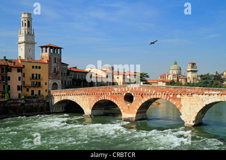 River Adige, Ponte Pietra bridge, Cathedral Santa Maria Matricolare and Church of S. Giorgio in Braida, Verona, Veneto, Italy Stock Photo