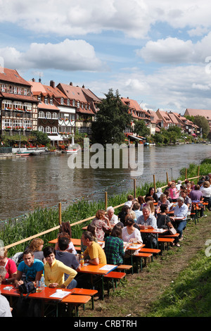 Klein-Venedig, little Venice, Regnitz river during Sandkerwa, folk festival, Bamberg, Upper Franconia, Franconia, Bavaria Stock Photo