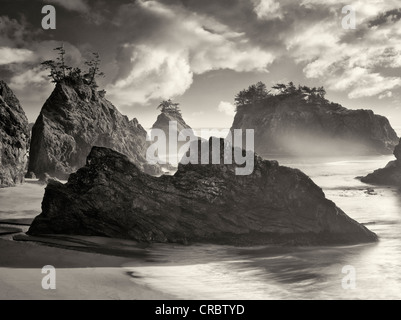 Sunset on beach with seastacks in Samuel H. Boardman State Scenic Corridor. Stock Photo