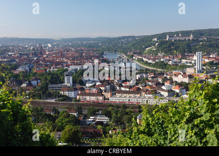 View of the Main River and the historic district as seen from Steinberg hill, Wuerzburg, Lower Franconia, Franconia, Bavaria Stock Photo