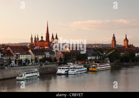 View across the Main River towards the historic district with Marienkapelle chapel, Neumuenster collegiate church, Wuerzburg Stock Photo
