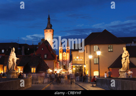 View from the Old Main Bridge, Domstrasse with Grafeneckart Tower and Wuerzburg Cathedral, Wurzburg, Lower Franconia, Franconia Stock Photo