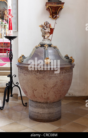 Baptismal font, Church of St. John the Baptist, Peissenberg, Pfaffenwinkel, Upper Bavaria, Bavaria, Germany, Europe Stock Photo