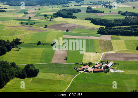 Cultivated landscape with village of Reichenkam, Muensing area, aerial view, Upper Bavaria, Bavaria, Germany, Europe Stock Photo