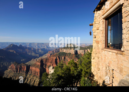 View from the terrace of the Grand Canyon Lodge towards Deva Temple, Brahma Temple, Grand Canyon National Park, North Rim Stock Photo