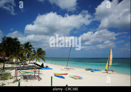 Sailing boat, beach with palm trees, Cayo Levisa island, Pinar del Rio province, Cuba, Greater Antilles, Gulf of Mexico Stock Photo