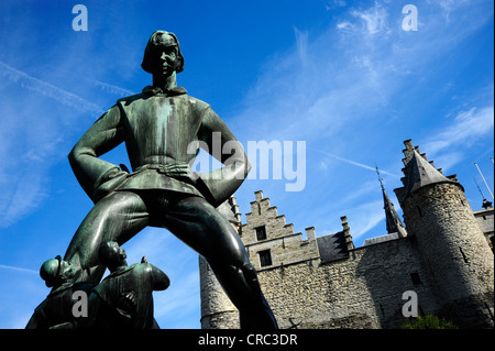 Lange Wapper statue in front of the Het Steen castle and museum, Antwerp, Flanders, Belgium, Benelux, Europe Stock Photo