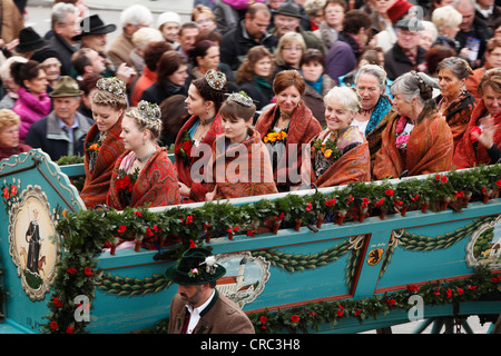 Women wearing traditional costume, Leonhardi procession, Bad Toelz, Isarwinkel, Upper Bavaria, Bavaria, Germany, Europe Stock Photo