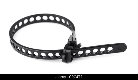 Black plastic cable tie isolated on white Stock Photo