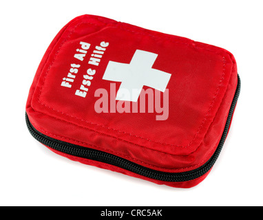 First aid kit in red bag isolated on white Stock Photo