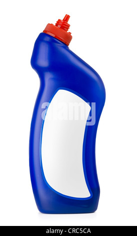 Blue plastic bottle of toilet detergent cleaner with blank label isolated on white