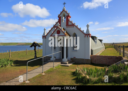 Italian Chapel ornate exterior built from 2 Nissen huts by Italian prisoners of world war II on Lamb Holm, Orkney, Scotland, UK Stock Photo