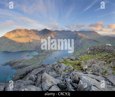 Radiating cloud over Loch Coruisk and the Black Cuillin on the Isle of Skye. The stunning view from the summit of Sgurr na Stri Stock Photo