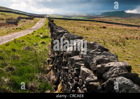 A drystone wall and the roman road lead towards a storm over Yorburgh in the Yorkshire Dales Stock Photo