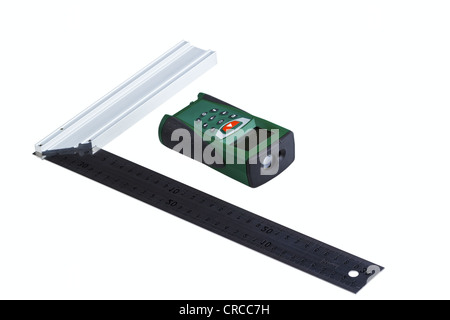 Ruler square and laser range finder isolated on a white background Stock Photo