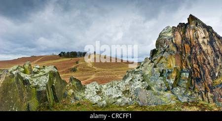 View of Bradgate Park in Leicestershire showing granite outcrop, Old John and the war memorial Stock Photo