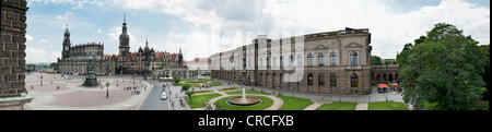 Panorama of the Theaterplatz theatre square from the Semperoper opera, Katholische Hofkirche church, left, the  Castle, center Stock Photo