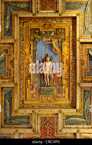 St. Sebastian on the wooden coffered ceiling of the Basilica of San Sebastiano fuori le mura above the Catacombs of San Stock Photo