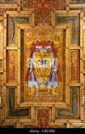 Coat of arms of Cardinal Gabrielli on the wooden coffered ceiling of the Basilica of San Sebastiano fuori le mura above the Stock Photo