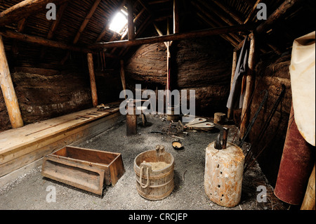 Interior of a Viking earth house, first Viking settlement on the American mainland, about 1000 years old, L'Anse aux Meadows Stock Photo