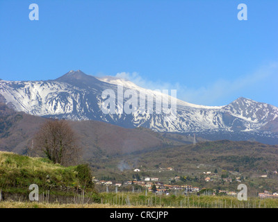 snow covered Mount Etna with view from the east with vineyard in the foreground, Italy, Sicilia Stock Photo