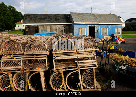 Fishermen's huts with lobster baskets in the port of North Rustico, Prince Edward Island, Canada, North America Stock Photo