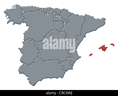 Political map of Spain with the several regions where the Balearic Islands are highlighted. Stock Photo