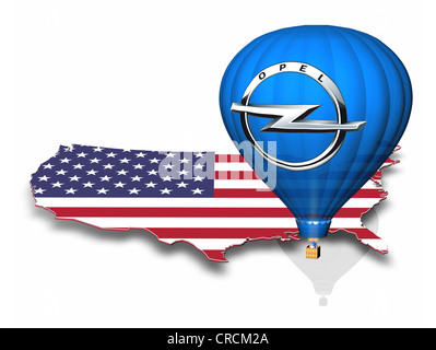 Outline of the U.S. with the national flag, hot air balloon with the logo of Opel Stock Photo