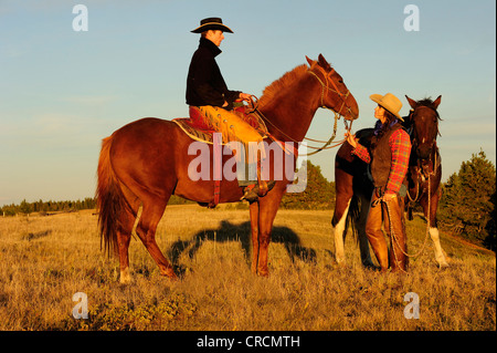 Cowgirl and cowboy with horses in the evening sun, Saskatchewan, Canada, North America Stock Photo
