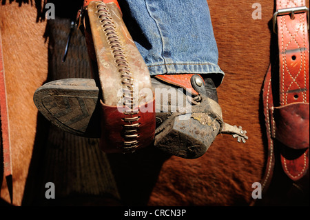 Cowboy boots with spurs in the stirrup Stock Photo