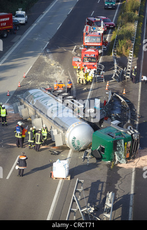 Toppled dangerous goods vehicle, A3 motorway near Dierdorf, Rhineland-Palatinate, Germany, Europe Stock Photo