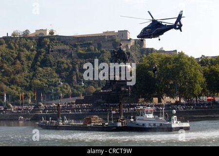 Rescue exercise on the water with a federal police helicopter, Eurocopter EC 155, Koblenz, Rhineland-Palatinate, Germany, Europe Stock Photo