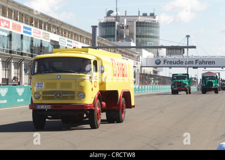 Parade of vintage trucks at the Truck-Grand-Prix, Nuerburgring race track, Rhineland-Palatinate, Germany, Europe Stock Photo