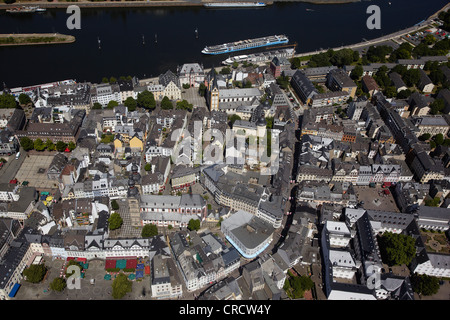 Aerial view, old town of Koblenz with Florinsmarkt square, St. Florin's Church, the Old Department Store and Schoeffenhaus Stock Photo