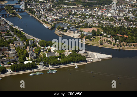 Aerial view, Deutsches Eck, German Corner, amidst the site of the Bundesgartenschau, Federal Garden Show, BUGA 2011, Koblenz Stock Photo