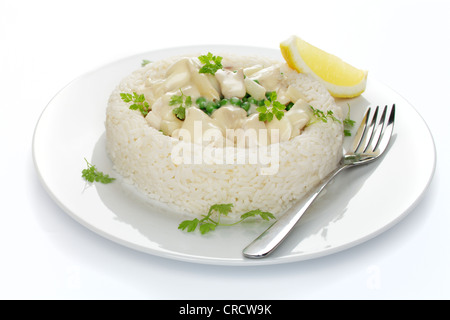 Chicken fricassee with asparagus, peas and mushrooms in a ring of rice Stock Photo