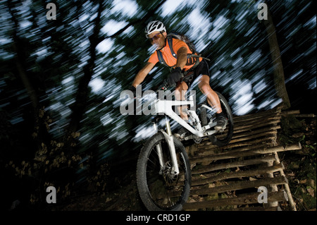 Mountainbiker on wooden bridge, South Tyrol, Italy Stock Photo