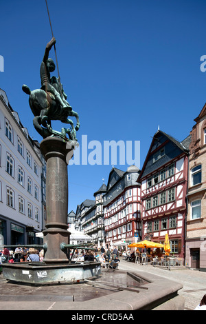 Market well and half-timbered houses in the historic town centre, Marburg, Hesse, Germany, Europe, PublicGround Stock Photo