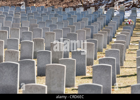 One Grave Stands out.  A bouquet of flowers causes one of hundreds of identical grave markers to stand out. Stock Photo